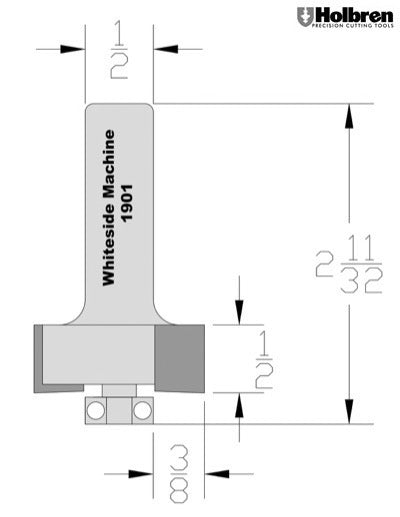 Whiteside 1901 Standard Rabbeting Router Bit 1-1/4" Large Diameter 3/8" Cutting Diameter 1/2" Cut Length 1/2" Shank 2 Flute