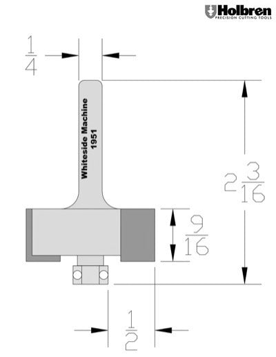 Whiteside 1951 Rabbet Router Bit 1-1/4" Large Diameter 1/2" Cut Length 1/2" Cutting Diameter 2 Flute 1/4" Shank