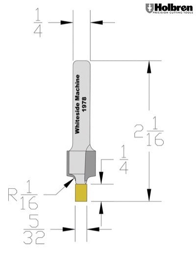Whiteside 1978 Roundover Router Bit w/Small Pilot 1/16" Radius 3/8" Large Diameter 7/16" Cut Length 1/4" Shank 2 Flute