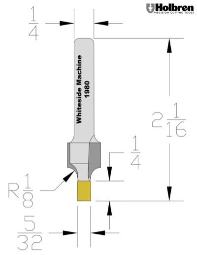 Whiteside 1980 Roundover Router Bit w/Small Pilot 1/8" Radius 3/8" Large Diameter 7/16" Cut Length 1/4" Shank 2 Flute