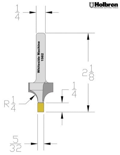 Whiteside 1982 Roundover Router Bit w/Small Pilot 1/4" Radius 5/8" Large Diameter 1/2" Cut Length 1/4" Shank 2 Flute