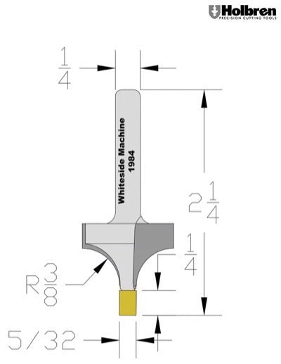 Whiteside 1984 Roundover Router Bit w/Small Pilot 3/8" Radius 7/8" Large Diameter 5/8" Cut Length 1/4" Shank 2 Flute