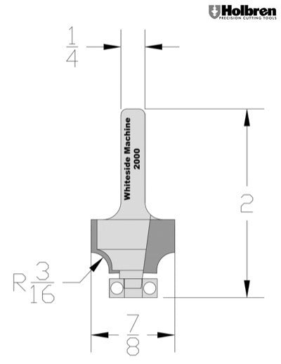 Whiteside 2000 Roundover Router Bit 3/16" Radius 7/8" Large Diameter 1/2" Cut Length 1/4" Shank 2 Flute