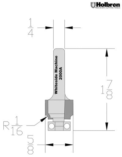 Whiteside 2000A Roundover Router Bit 1/16" Radius 5/8" Large Diameter 1/2" Cut Length 1/4" Shank 2 Flute