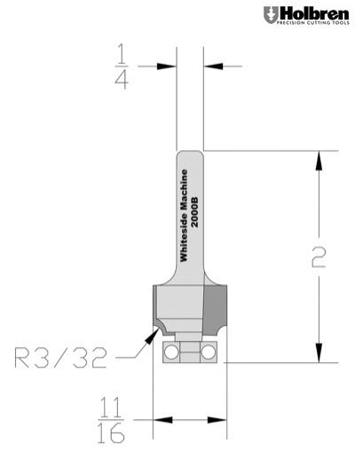 Whiteside 2000B Roundover Router Bit 3/32" Radius 11/16" Large Diameter 1/2" Cut Length 1/4" Shank 2 Flute