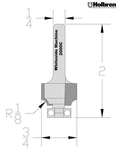 Whiteside 2000C Roundover Router Bit 1/8" Radius 3/4" Large Diameter 1/2" Cut Length 1/4" Shank 2 Flute
