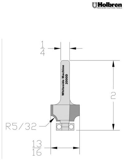 Whiteside 2000D Roundover Router Bit 5/32" Radius 13/16" Large Diameter 1/2" Cut Length 1/4" Shank 2 Flute