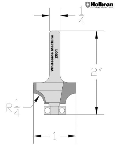 Whiteside 2001 Roundover Router Bit 1/4" Radius 1" Large Diameter 1/2" Cut Length 1/4" Shank 2 Flute