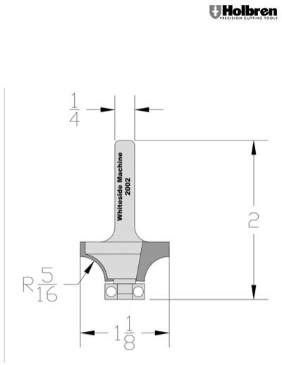Whiteside 2002 Roundover Router Bit 5/16" Radius 1-1/8" Large Diameter 1/2" Cut Length 1/4" Shank 2 Flute