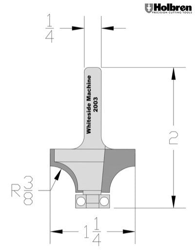 Whiteside 2003 Roundover Router Bit 3/8" Radius 1-1/4" Large Diameter 5/8" Cut Length 1/4" Shank 2 Flute