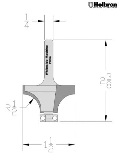 Whiteside 2004 Roundover Router Bit 1/2" Radius 1-1/2" Large Diameter 3/4" Cut Length 1/4" Shank 2 Flute