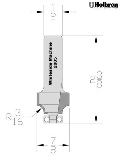 Whiteside 2005 Roundover Router Bit 3/16" Radius 7/8" Large Diameter 1/2" Cut Length 1/2" Shank 2 Flute