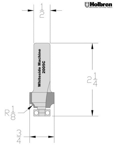 Whiteside 2005C Roundover Router Bit 1/8" Radius 3/4" Large Diameter 1/2" Cut Length 1/2" Shank 2 Flute