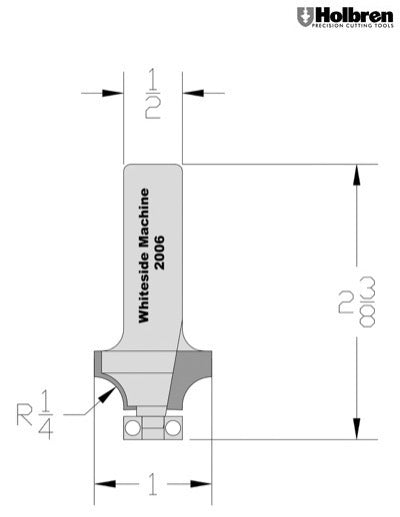 Whiteside 2006 Roundover Router Bit 1/4" Radius 1" Large Diameter 1/2" Cut Length 1/2" Shank 2 Flute