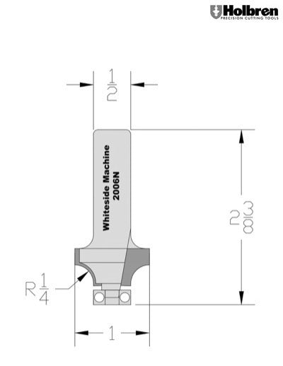 Whiteside 2006N Roundover Router Bit w/Non-Marring Bearing 1/4" Radius 1" Large Diameter 1/2" Cut Length 1/2" Shank 2 Flute