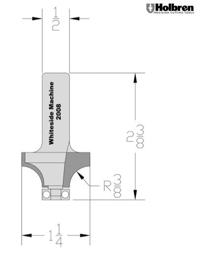 Whiteside 2008 Roundover Router Bit 3/8" Radius 1-1/4" Large Diameter 5/8" Cut Length 1/2" Shank 2 Flute