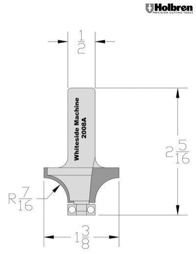 Whiteside 2008A Roundover Router Bit 7/16" Radius 1-3/8" Large Diameter 5/8" Cut Length 1/2" Shank 2 Flute