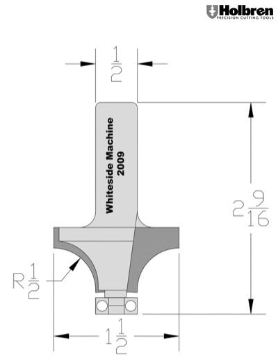 Whiteside 2009 Roundover Router Bit 1/2" Radius 1-1/2" Large Diameter 3/4" Cut Length 1/2" Shank 2 Flute