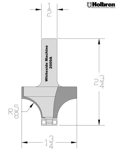 Whiteside 2009A Roundover Router Bit 5/8" Radius 1-3/4" Large Diameter 1" Cut Length 1/2" Shank 2 Flute