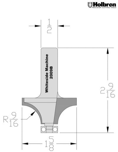 Whiteside 2009B Roundover Router Bit 9/16" Radius 1-5/8" Large Diameter 3/4" Cut Length 1/2" Shank 2 Flute