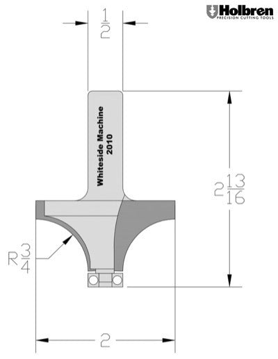 Whiteside 2010 Roundover Router Bit 3/4" Radius 2" Large Diameter 1" Cut Length 1/2" Shank 2 Flute