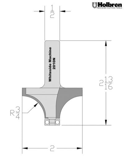Whiteside 2010N Round Over Router Bit w/Non-Marring Bearing 3/4" Radius 2" Large Diameter 1" Cut Length 1/2" Shank 2 Flute