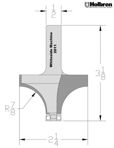 Whiteside 2011 Roundover Router Bit 7/8" Radius 2-1/4" Large Diameter 1-1/8" Cut Length 1/2" Shank 2 Flute