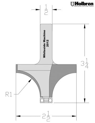 Whiteside 2012 Roundover Router Bit 1" Radius 2-1/2" Large Diameter 1-5/16" Cut Length 1/2" Shank 2 Flute