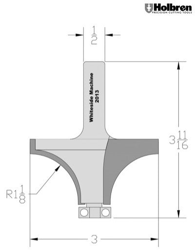 Whiteside 2013 Roundover Router Bit 1-1/8" Radius 3" Large Diameter 1-1/2" Cut Length 1/2" Shank 2 Flute