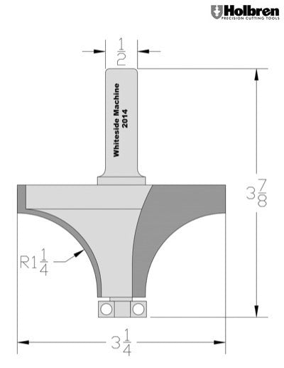 Whiteside 2014 Roundover Router Bit 1-1/4" Radius 3/1/4" Large Diameter 1-3/4" Cut Length 1/2" Shank 2 Flute