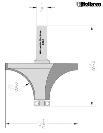 Whiteside 2015 Roundover Router Bit 1-3/8" Radius 3-1/2" Large Diameter 1-3/4" Cut Length 1/2" Shank 2 Flute