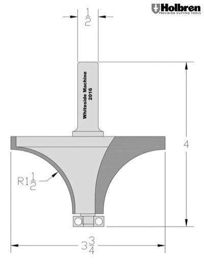 Whiteside 2016 Roundover Router Bit 1-1/2" Radius 3-3/4" Large Diameter 1-7/8" Cut Length 1/2" Shank 2 Flute