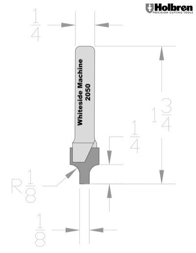 Whiteside 2050 Point Plunge Roundover Router Bit 1/8" Radius 3/8" Large Diameter 1/8" Small Diameter 1/4" Shank 2 Flute