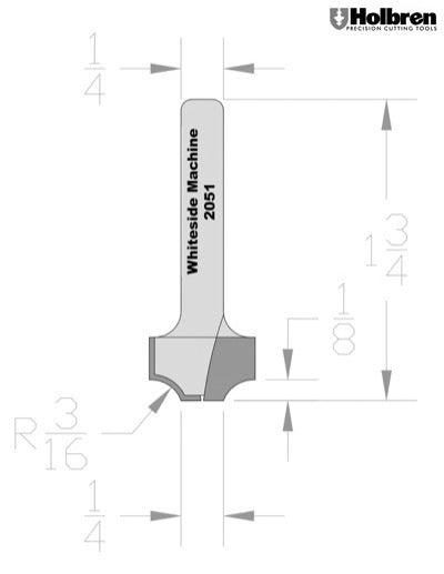 Whiteside 2051 Point Plunge Roundover Router Bit 3/16" Radius 5/8" Large Diameter 1/4" Small Diameter 1/4" Shank 2 Flute