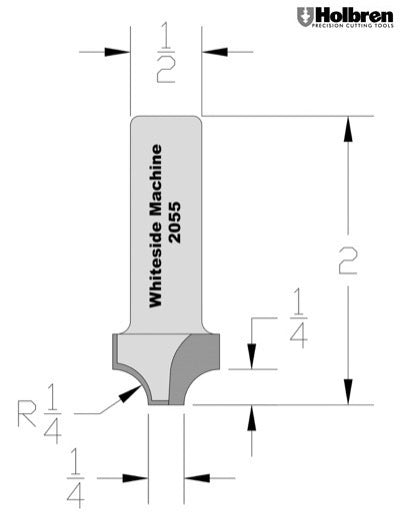 Whiteside 2055 Point Plunge Roundover Router Bit 1/4" Radius 3/4" Large Diameter 1/4" Small Diameter 1/2" Shank 2 Flute