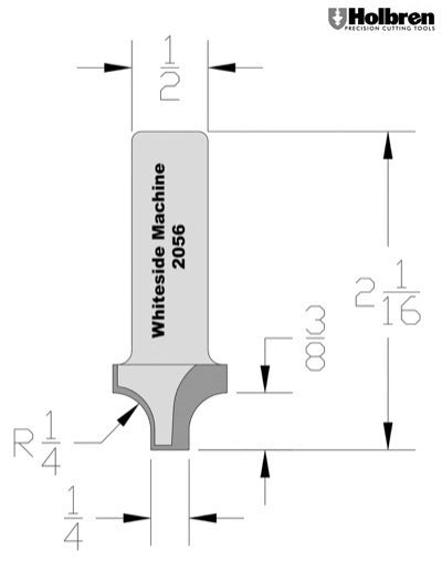 Whiteside 2056 Point Plunge Roundover Router Bit 1/4" Radius 3/4" Large Diameter 1/4" Small Diameter 1/2" Shank 2 Flute
