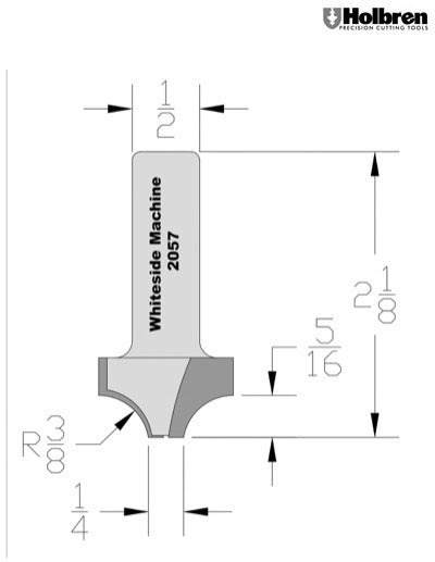 Whiteside 2057 Point Plunge Roundover Router Bit 3/8" Radius 1" Large Diameter 1/4" Small Diameter 1/2" Shank 2 Flute