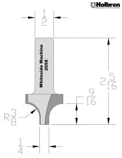 Whiteside 2058 Point Plunge Roundover Router Bit 3/8" Radius 1" Large Diameter 1/4" Small Diameter 1/2" Shank 2 Flute