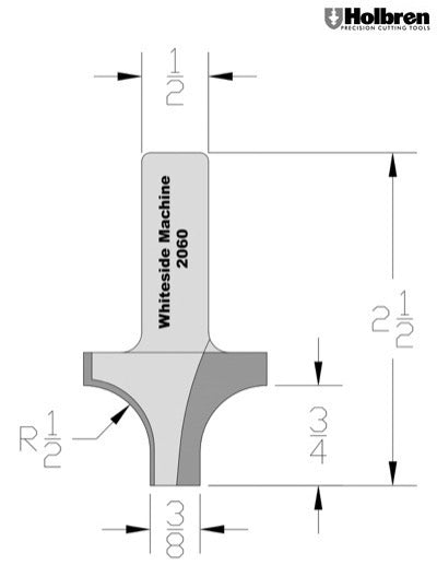 Whiteside 2060 Point Plunge Roundover Router Bit 1/2" Radius 1-3/8" Large Diameter 3/8" Small Diameter 1/2" Shank 2 Flute