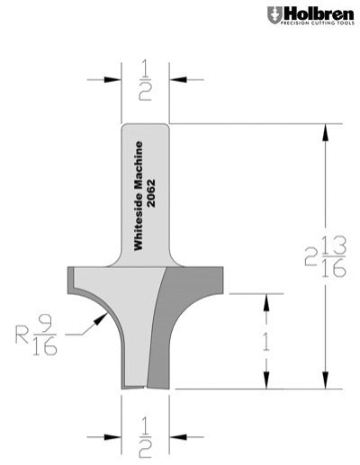 Whiteside 2062 Point Plunge Roundover Router Bit 1/2" Radius 1-5/8" Large Diameter 1/2" Small Diameter 1/2" Shank 2 Flute
