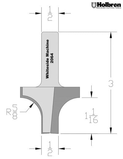 Whiteside 2064 Point Plunge Roundover Router Bit 5/8" Radius 1-3/4" Large Diameter 1/2" Small Diameter 1/2" Shank 2 Flute