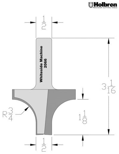 Whiteside 2066 Point Plunge Roundover Router Bit 3/4" Radius 2" Large Diameter 1/2" Small Diameter 1/2" Shank 2 Flute