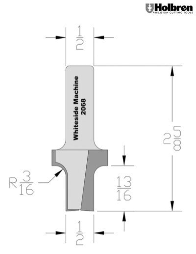 Whiteside 2068 Roundover & Edge Trim Router Bit w/ Plunge Point 3/16" Radius 1" Large Diameter 1/2" Small Diameter 1/2" Shank 2 Flute