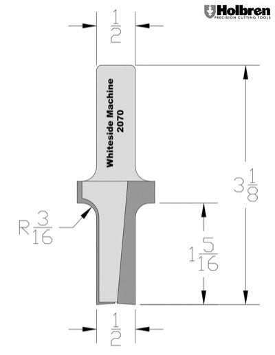 Whiteside 2070 Roundover & Edge Trim Router Bit w/ Plunge Point 3/16" Radius 1" Large Diameter 1/2" Small Diameter 1/2" Shank 2 Flute