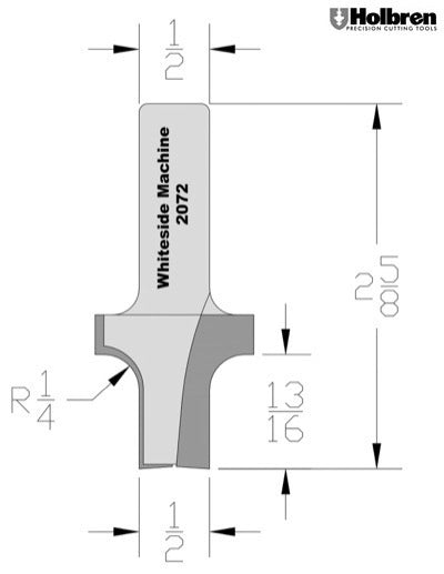 Whiteside 2072 Roundover & Edge Trim Router Bit w/ Plunge Point 1/4" Radius 1-1/8" Large Diameter 1/2" Small Diameter 1/2" Shank 2 Flute