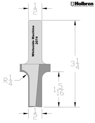 Whiteside 2074 Roundover & Edge Trim Router Bit w/ Plunge Point 1/4" Radius 1-1/8" Large Diameter 1/2" Small Diameter 1/2" Shank 2 Flute