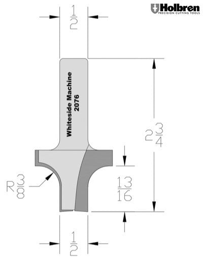 Whiteside 2076 Roundover & Edge Trim Router Bit w/ Plunge Point 3/8" Radius 1-3/8" Large Diameter 1/2" Small Diameter 1/2" Shank 2 Flute