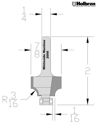 Whiteside 2100 Beading Router Bit w/Ball Bearing 3/16" Radius 7/8" Large Diameter 1/2" Cut Length 1/4" Shank 2 Flute