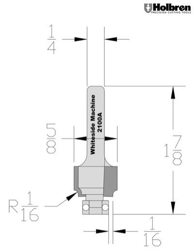 Whiteside 2100A Beading Router Bit w/Ball Bearing 1/16" Radius 5/8" Large Diameter 1/2" Cut Length 1/4" Shank 2 Flute