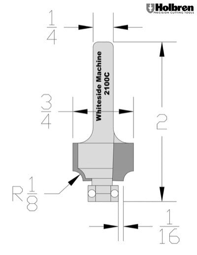 Whiteside 2100C Beading Router Bit w/Ball Bearing 1/8" Radius 3/4" Large Diameter 1/2" Cut Length 1/4" Shank 2 Flute